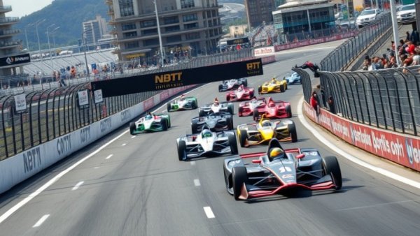 IndyCar race in Washington D.C. with multiple cars on track and pit crew activity.