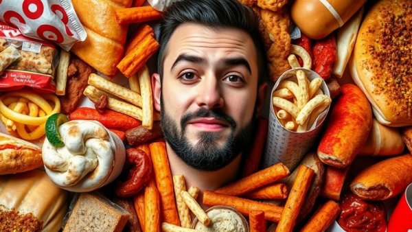 Quit junk food for good illustration with assorted snacks around a man.