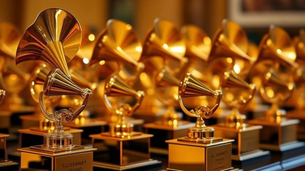 Golden Grammy Awards trophies aligned, symbolizing 2026 Grammy Awards.