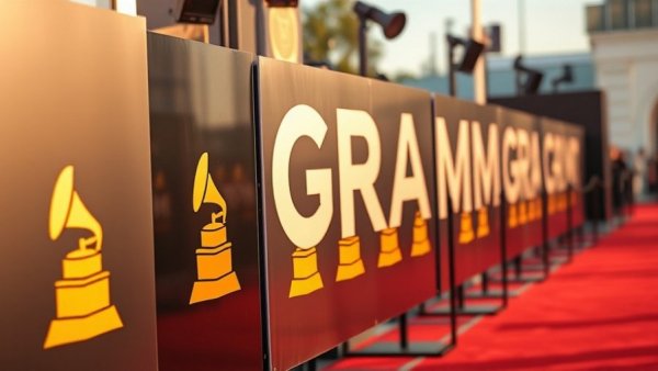 Stylish Grammy signage on red carpet 2026 Grammy Awards winners.