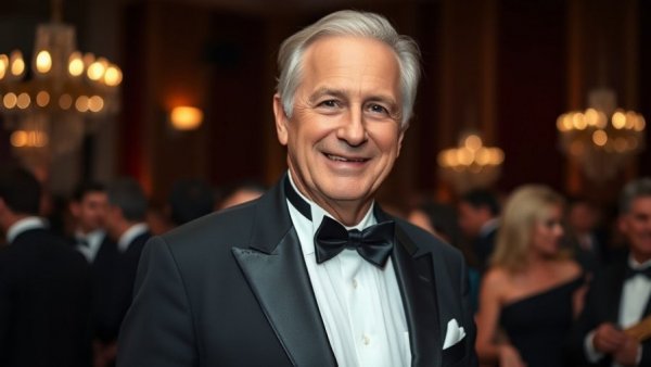 Distinguished older man in tuxedo smiling warmly at elegant event.