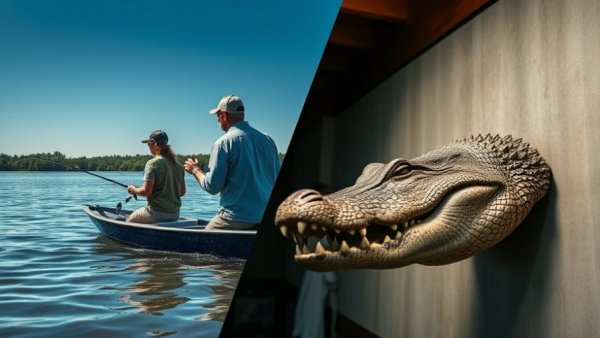 Alligator taxidermy and fishing scene in Louisiana