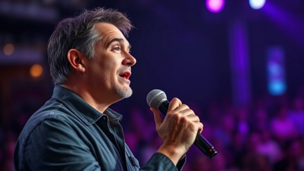 Singer on stage under purple lights, holding a microphone.