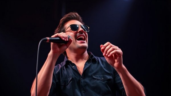 Energetic performer singing passionately during Super Bowl halftime.