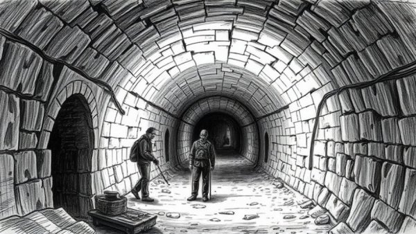 Medieval tunnel discovery illustration and photo contrast