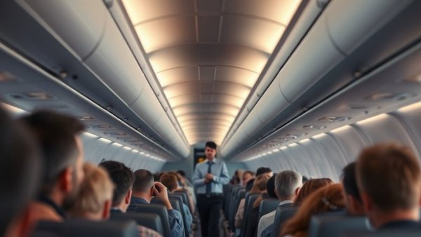 Crowded airplane cabin with passengers and flight attendant, soft lighting.