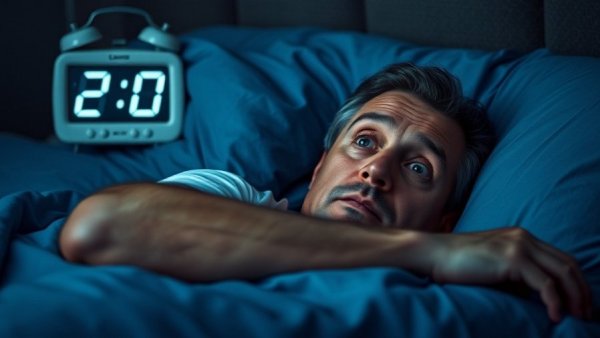 Man waking up at 3:00 AM, surprised expression, digital clock.