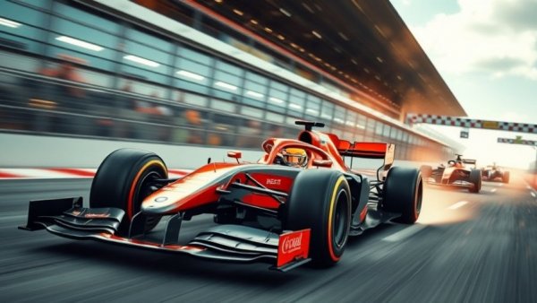 F1 race cars zooming on track, showcasing vibrant speed and intensity.