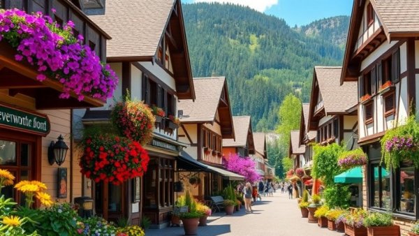 Bavarian-style Leavenworth village with flowers and mountains, Best Things to Do in Leavenworth.