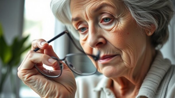 Elderly woman holding glasses to preserve vision as you age, thoughtful.