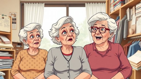 Cartoon of women facing retirement challenges with mixed emotions.