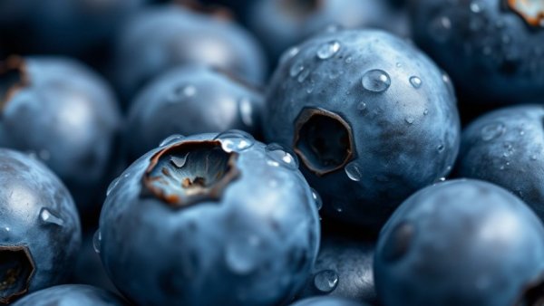 Close-up of blueberries with droplets, related to blueberry recall Listeria.