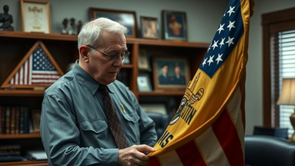 Pentagon deal with Scouting America flag displayed in office.