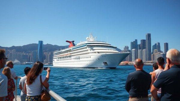 Cruise ship approaching city harbor watched by onlookers.