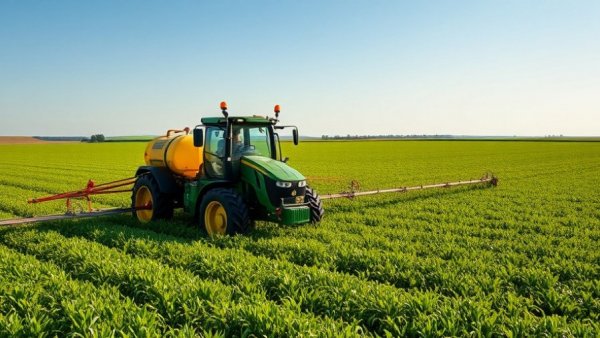 Glyphosate herbicide being sprayed on a large field by a tractor.