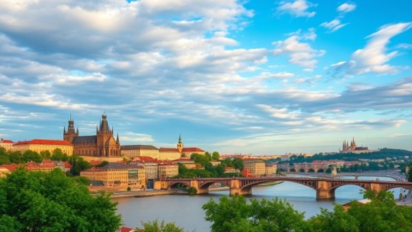 Scenic Prague Castle view with river, vibrant colors.