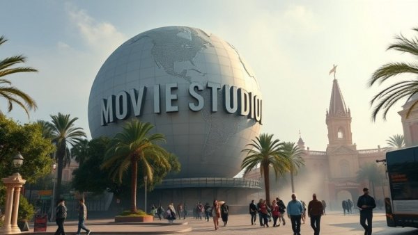 Universal globe at amusement park with visitors and mist.