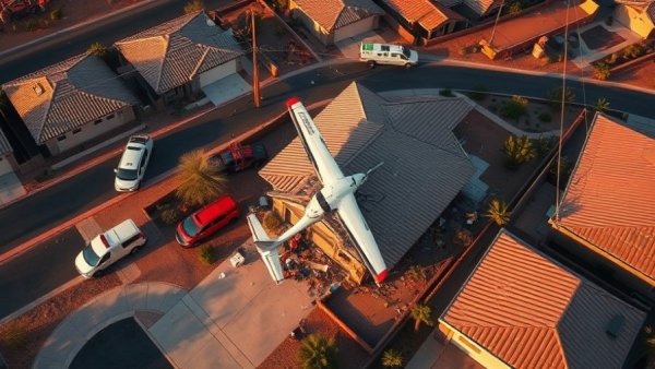 Aerial view of plane crash in Arizona homes, emergency response.