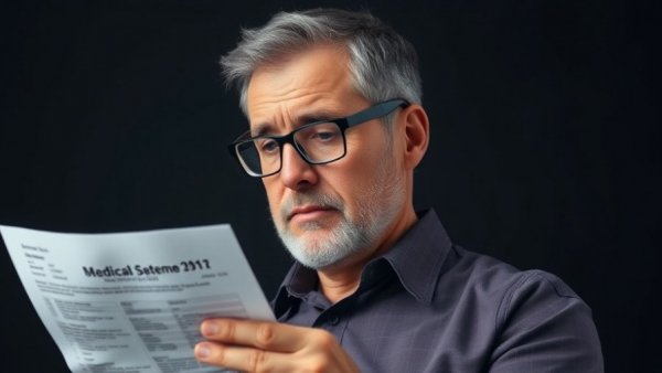 Concerned man with medical bill discussing health insurance for early retirement.