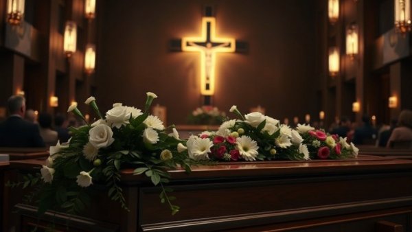 Solemn memorial service for Jesse Jackson with casket and flowers.