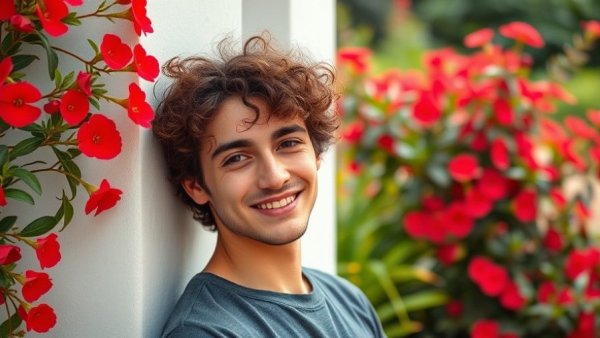 Young man smiling against a floral background.