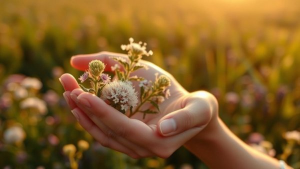 Valerian root benefits illustrated by hands holding flowers in sunlight.