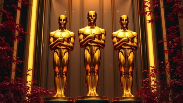 Golden Oscar statues amidst elegant decor symbolize red carpet glamour.