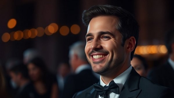 Smiling man in suit at event, dark background.