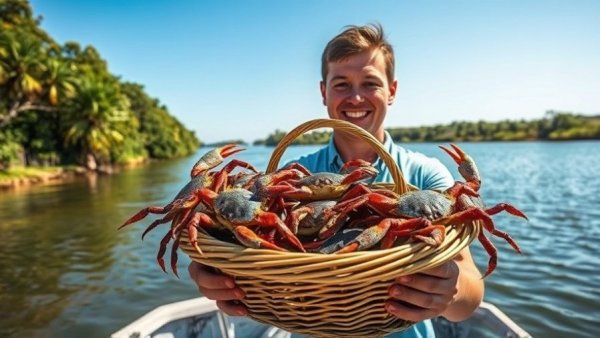 Person with a basket of Louisiana blue crabs by a river.