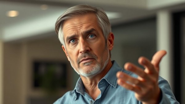 Middle-aged man's serious presentation on daily egg consumption benefits.