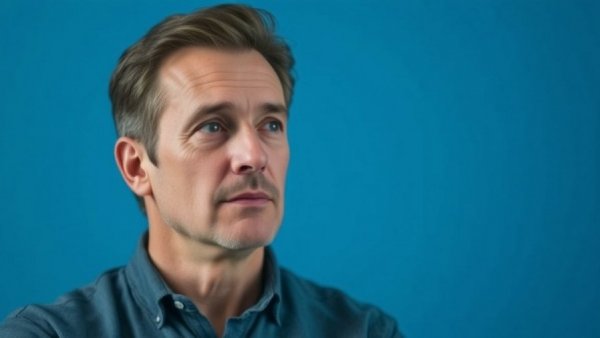 Portrait of a man contemplating against a blue background.