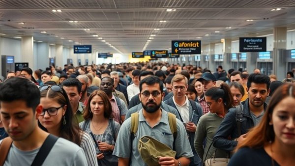 Crowded airport security line illustrating TSA staffing shortages.