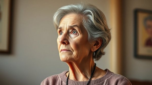 Feeling invisible after retirement; thoughtful older woman with cartoon scenes.