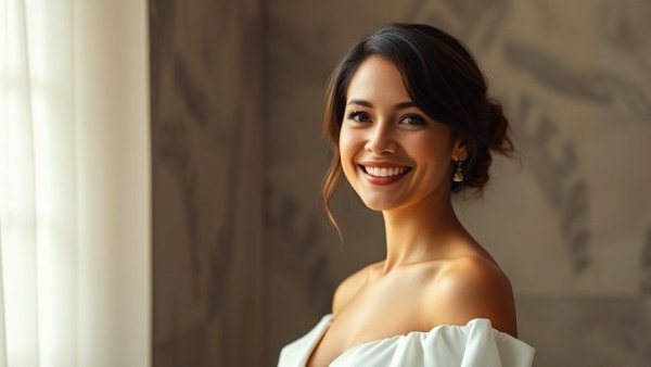 Elegant woman smiling at event, subtle background.