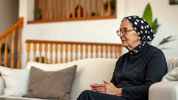 Elderly woman discusses health in living room for heart attack symptoms awareness.