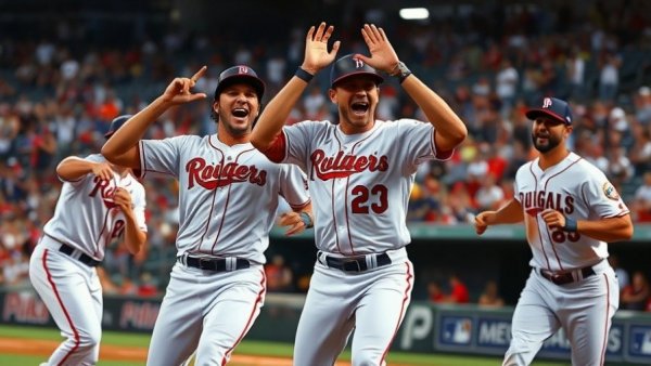 Texas State baseball players celebrating on the field under bright lights.