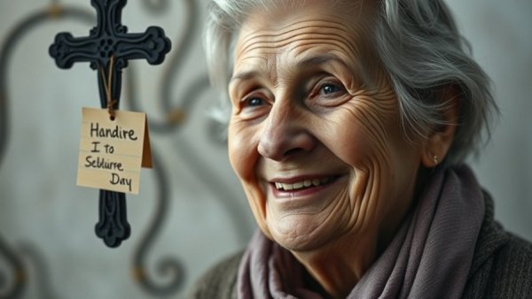 Printed photo of older woman with cross and message, close-up.