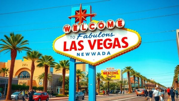 Las Vegas March Madness tourism at the iconic Vegas sign.