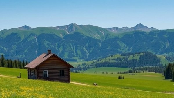 Scenic view of Bozeman, Montana with mountains and cabin