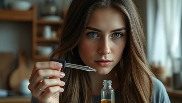 Young woman using dropper bottle, cannabis effects on mental health disorders.