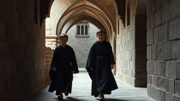 Three young characters in dark robes in a stone corridor, highlighting HBO Harry Potter series title change.