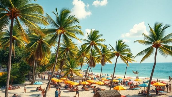 Beach scene highlighting how to avoid resort fees, with palm trees and umbrellas.