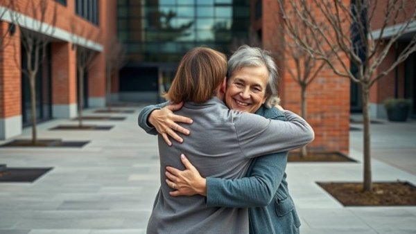 Emotional reunion outside with two people embracing near a brick building.