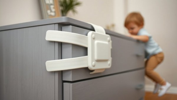 Recalled plastic restraint kit on a dresser with child climbing.