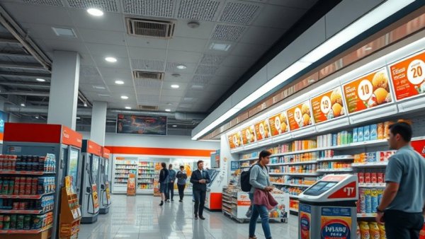 Gas station convenience store with products and customers.