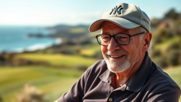 Elderly man enjoying a serene moment at a golf course.
