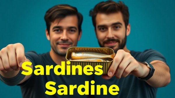 Two men with sardine can contrasting expressions, sardine diet benefits risks.