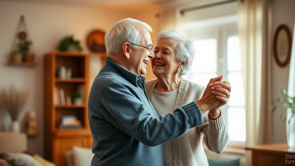 Joyful elderly couple dancing, promoting daily habits for happiness and health.