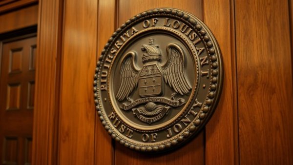 Intricate Louisiana court seal in a wooden courtroom setting.