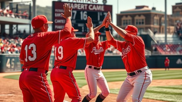 Louisiana Ragin' Cajuns baseball players celebrate a win on the field.